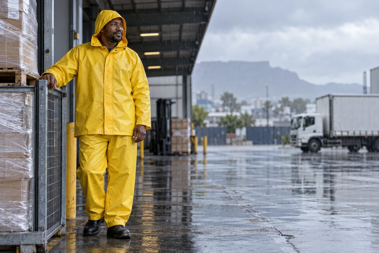 Logistics worker in a yellow two-piece rain suit beside a covered loading bay
